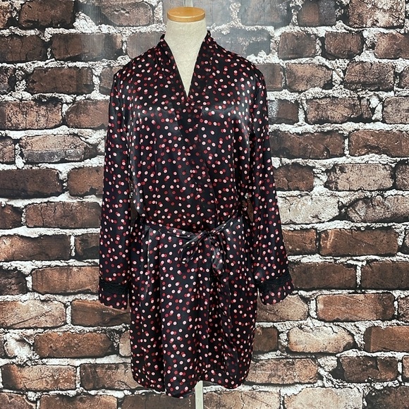 Delicates Robe & Chemise Set Women's L Large Black Red Pink Polka Dot Nightgown - Picture 8 of 17